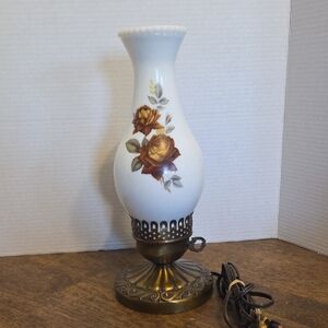 Vintage Retro Milk Glass 70's Table Lamp with Brown Rose Motif Works!!